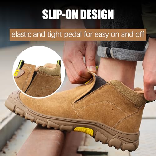 GLANOUDUN Work Shoes for Men Slip on Steel Toe Shoes for Men Comfortable Men's Work Boots for Welding Indestructible Steel Toe Boots High Top Safety Construction Footwear Brown - Image 5