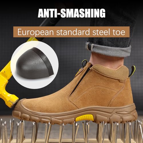 GLANOUDUN Work Shoes for Men Slip on Steel Toe Shoes for Men Comfortable Men's Work Boots for Welding Indestructible Steel Toe Boots High Top Safety Construction Footwear Brown - Image 3