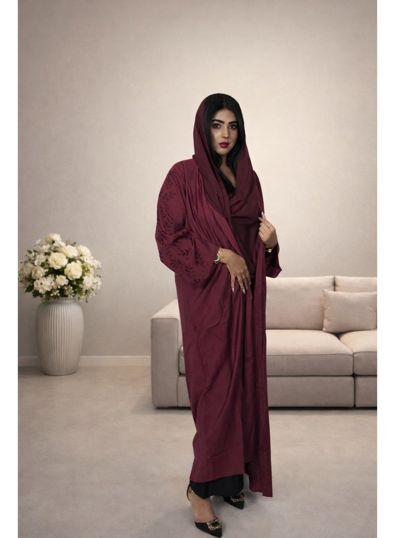 فاشون لاين عباية جميلة بياقة مفتوحة على شكل حرف ، قماش قطني مفتوح بتصميم عمل آري أحمر - Image 4