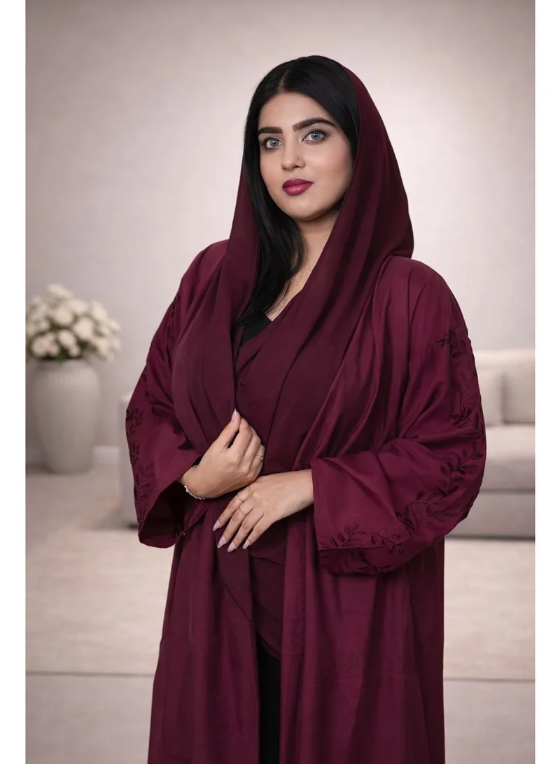 FASHION LINE Beautiful Abaya V-Open Neck, Open Cotton Cloth Ari work design burgundy color