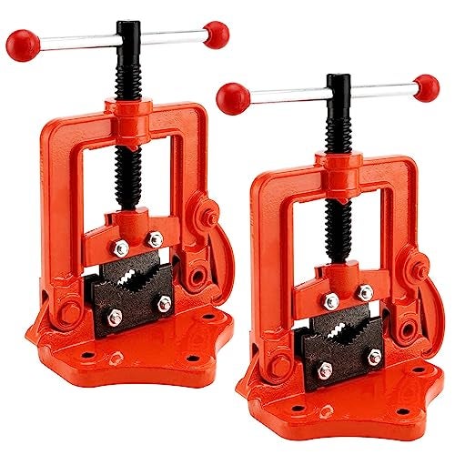 MUKLEI 2 Pack 0.4 to 2.4 Inches Heavy Duty Pipe Vise, Forged Bench Yoke Pipe Vice Threader Pipe Plumbing Vise for Cutting, Fixing Pipes from 10 to 60mm, Orange - Image 1