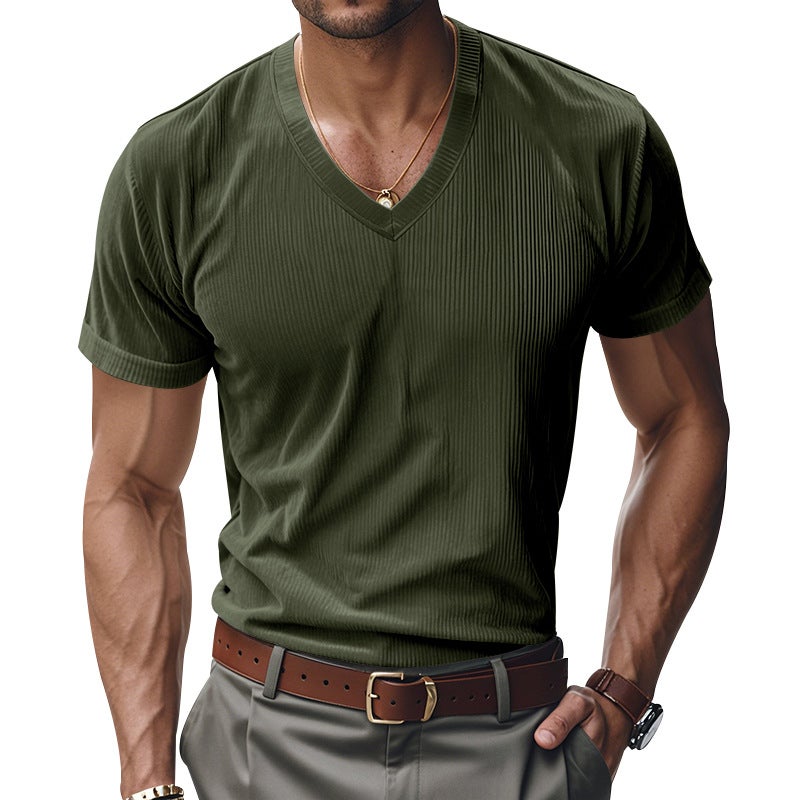 Loose Casual Men''s T-shirt Skin-friendly Ami Kaji Corduroy V-neck Short Sleeve - Image 3