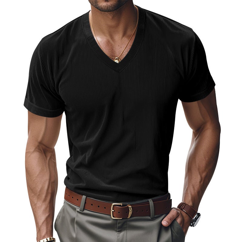 Loose Casual Men''s T-shirt Skin-friendly Ami Kaji Corduroy V-neck Short Sleeve - Image 5