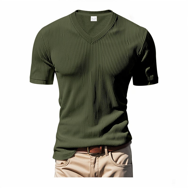 Loose Casual Men''s T-shirt Skin-friendly Ami Kaji Corduroy V-neck Short Sleeve - Image 1