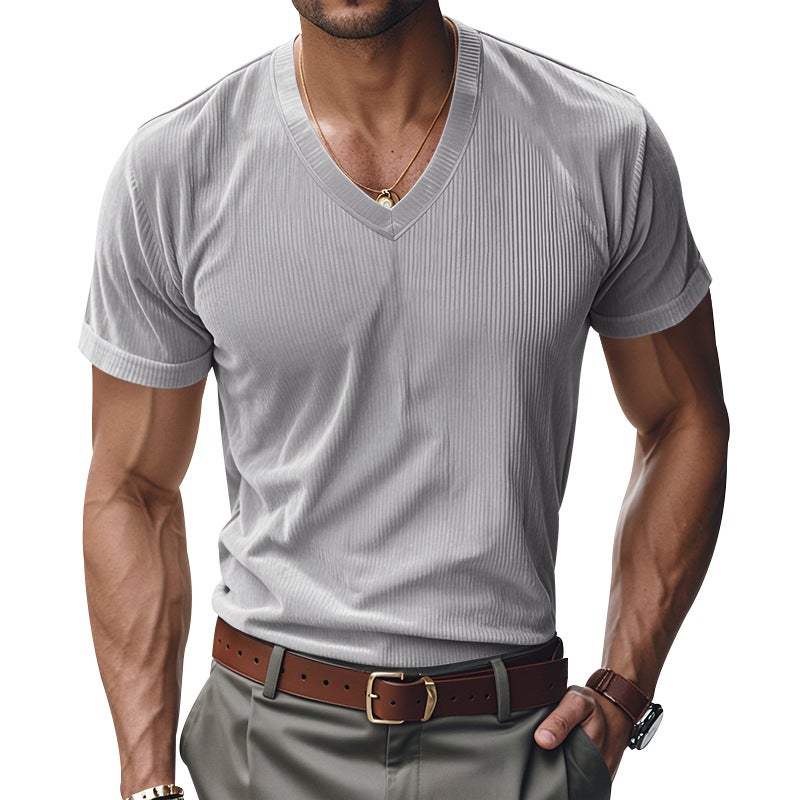 Loose Casual Men''s T-shirt Skin-friendly Ami Kaji Corduroy V-neck Short Sleeve - Image 4