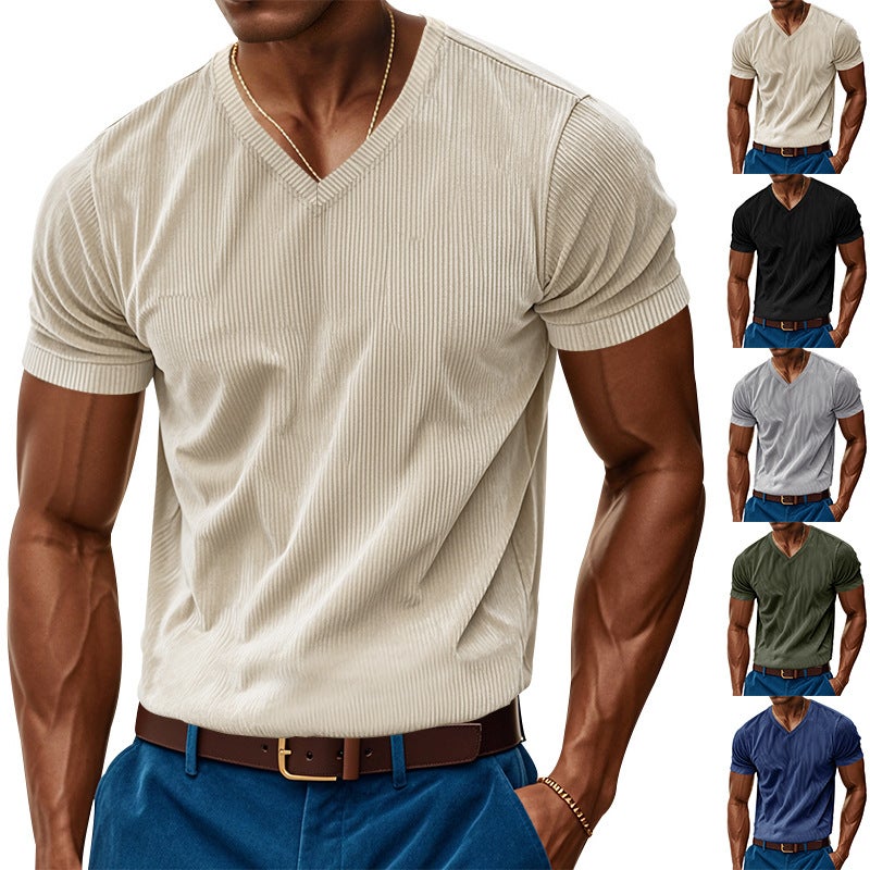Loose Casual Men''s T-shirt Skin-friendly Ami Kaji Corduroy V-neck Short Sleeve - Image 2