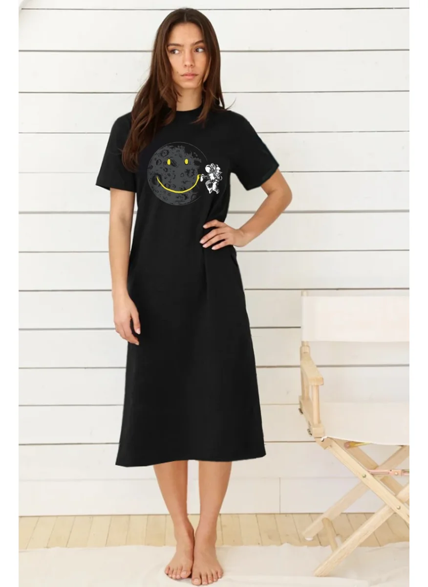 Rock&Roll Graffiti Astronaut Black Crew Neck Short Sleeve Combed Cotton Long Dress