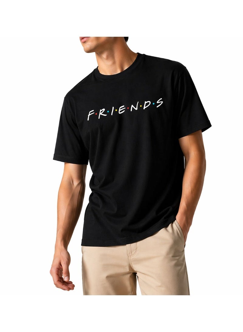 Men's Relax Fit Cotton T-Shirt with F.R.I.E.N.D.S Logo Print - Black - Image 1