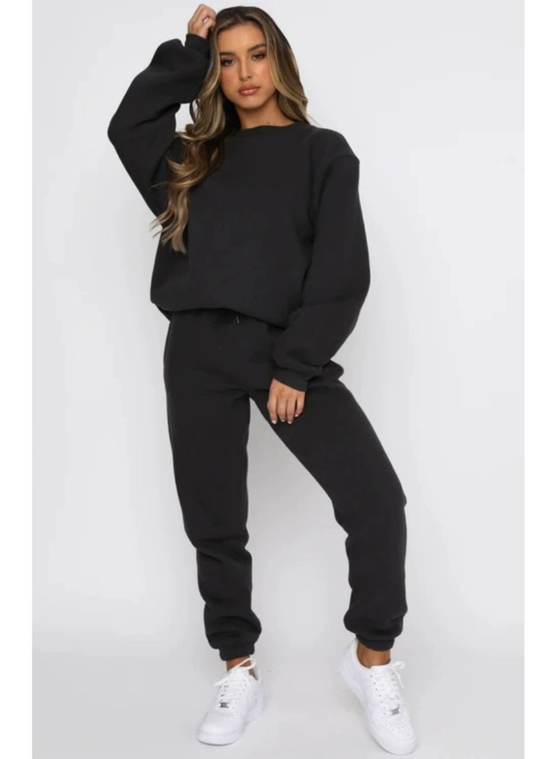 general Winter/ Autumn Solid-color Round-neck Pullover Pants for Women - Fashionable Casual Long-sleeved Sweatshirt Set - Image 1