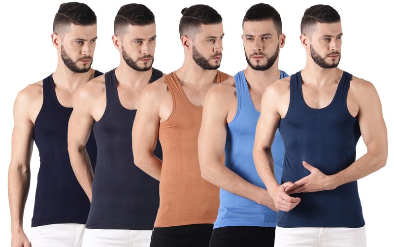 Dollar Lehar Combed Cotton Men's Multicolour Vest - Pack of 5 - Actual Colour May Vary - Image 1