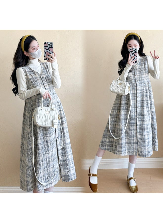 Pregnant Women's Suit Autumn And Winter Fashion Western Style Fashionable Light Luxury High-end Two-piece Plus Size Casual Mid-length Vest Dress 