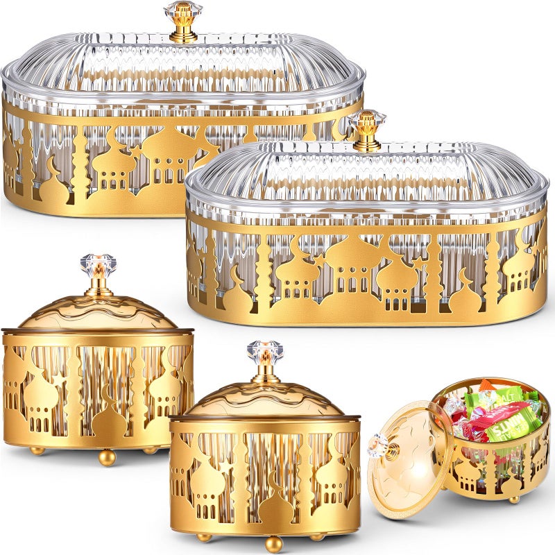 Otoolling 4 Pcs Ramadan Trays with Lid Gold Eid Mubarak Tray Plates Ramadan Moon Candy Dish Table Decorations Food Serving Tray Islam Muslim Al-fitr Cookie Storage Container for Eid Party Supplies - Image 1