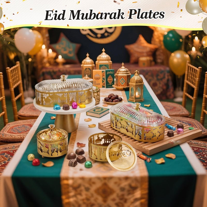 Otoolling 4 Pcs Ramadan Trays with Lid Gold Eid Mubarak Tray Plates Ramadan Moon Candy Dish Table Decorations Food Serving Tray Islam Muslim Al-fitr Cookie Storage Container for Eid Party Supplies - Image 5