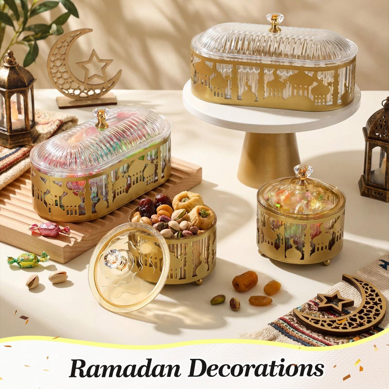 Otoolling 4 Pcs Ramadan Trays with Lid Gold Eid Mubarak Tray Plates Ramadan Moon Candy Dish Table Decorations Food Serving Tray Islam Muslim Al-fitr Cookie Storage Container for Eid Party Supplies - Image 4