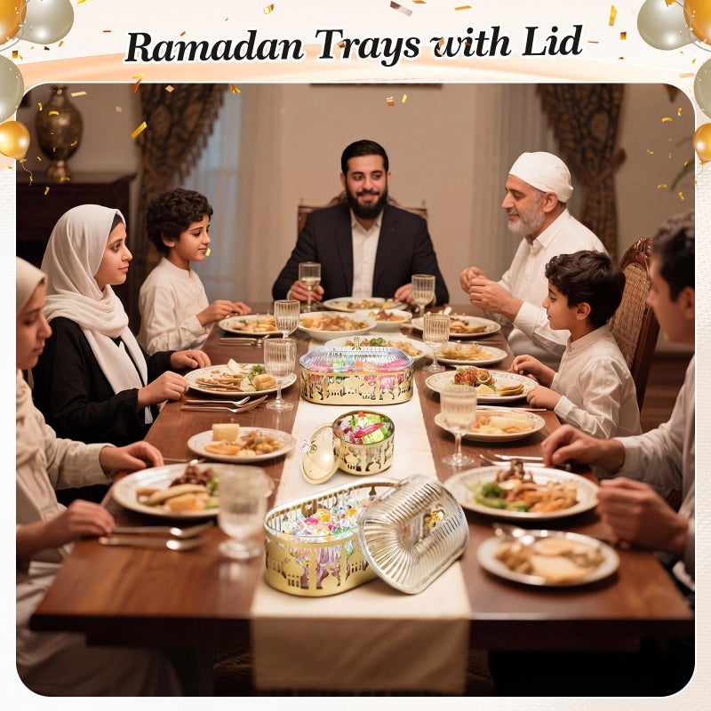 Otoolling 4 Pcs Ramadan Trays with Lid Gold Eid Mubarak Tray Plates Ramadan Moon Candy Dish Table Decorations Food Serving Tray Islam Muslim Al-fitr Cookie Storage Container for Eid Party Supplies - Image 2