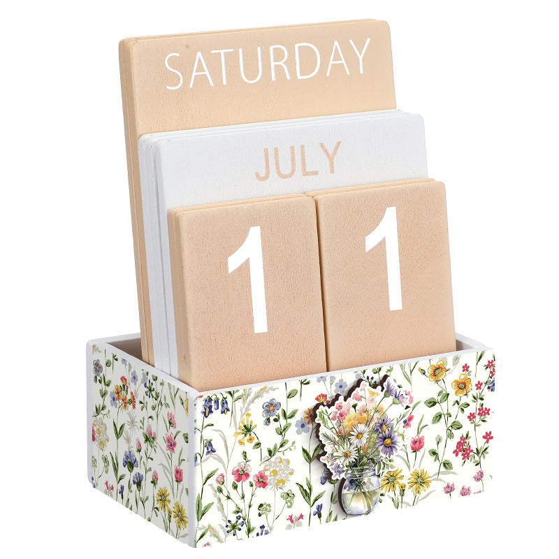 AceOrbit Wildflower Wood Block Perpetual Calendar Coquettish Farmhouse Desk Decor Cute Watercolor Wildflower Month Week Date Display Decorative Block Calendar Office Home Desk Gift for Women - Image 1