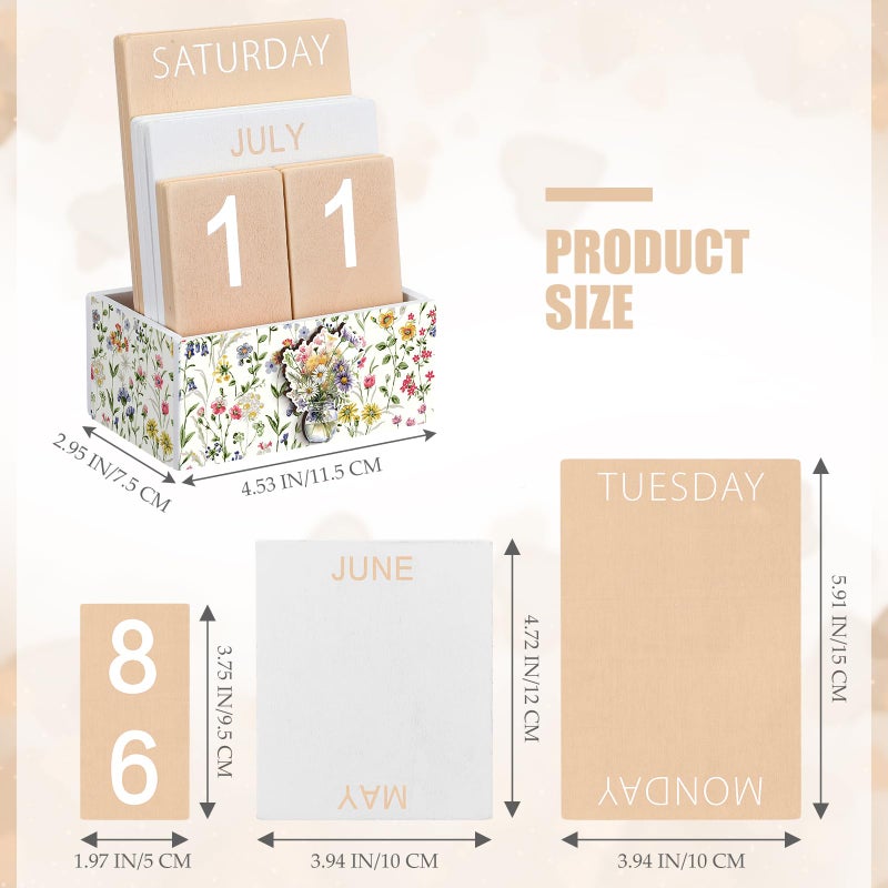 AceOrbit Wildflower Wood Block Perpetual Calendar Coquettish Farmhouse Desk Decor Cute Watercolor Wildflower Month Week Date Display Decorative Block Calendar Office Home Desk Gift for Women - Image 2