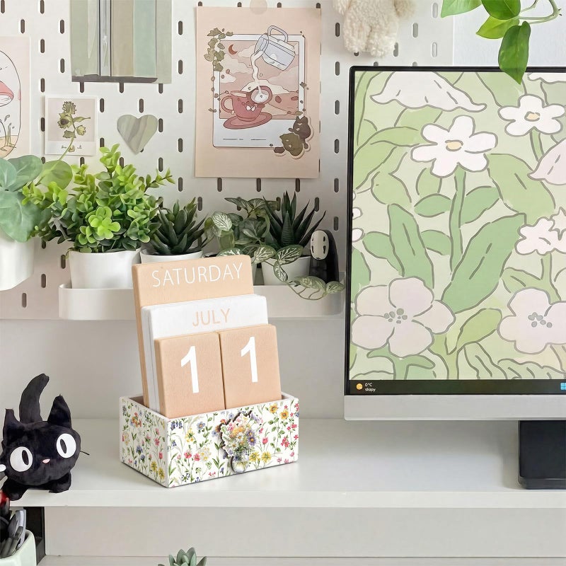 AceOrbit Wildflower Wood Block Perpetual Calendar Coquettish Farmhouse Desk Decor Cute Watercolor Wildflower Month Week Date Display Decorative Block Calendar Office Home Desk Gift for Women - Image 5