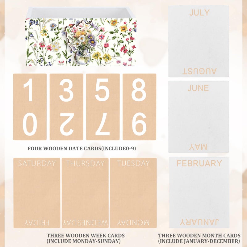 AceOrbit Wildflower Wood Block Perpetual Calendar Coquettish Farmhouse Desk Decor Cute Watercolor Wildflower Month Week Date Display Decorative Block Calendar Office Home Desk Gift for Women - Image 3