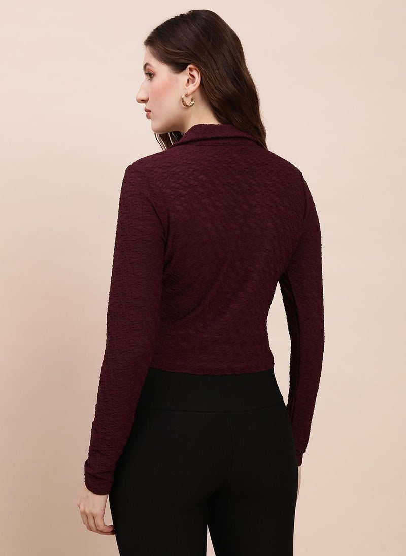 Globus Women's Burgundy Casual Top with Shirt Collar and Self Design - Image 4