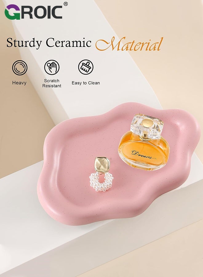 GROIC صينية مجوهرات سيراميك، طبق سحابة وردي، منظم عرض للزينة والساعات والمفاتيح، طبق حلقة زينة لطيف على شكل سحابة، ديكور طاولة جانبية للزينة، عطر، طبق مجوهرات بنقاط سمسم وردية - Image 2