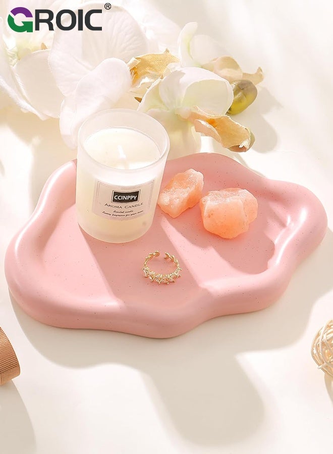 GROIC صينية مجوهرات سيراميك، طبق سحابة وردي، منظم عرض للزينة والساعات والمفاتيح، طبق حلقة زينة لطيف على شكل سحابة، ديكور طاولة جانبية للزينة، عطر، طبق مجوهرات بنقاط سمسم وردية - Image 1