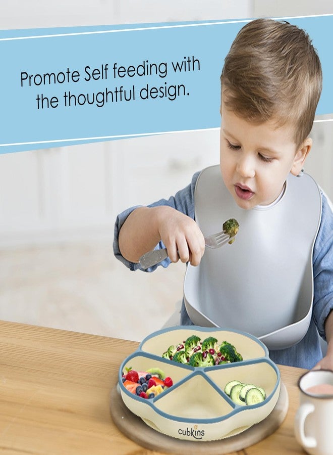 CUBKINS Premium Silicone Suction Feeding Plate for Baby with 4 Compartments | Toddler Plate with Deep Dividers for Kids | Washable & Reusable, Microwave Oven Safe (Blue Olive) - Image 2