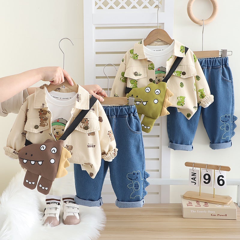 Five Small Seven Children'S Clothing 2025 New 0-4 Years Old Boys And Girls Full Print Work Dinosaur Shirt 3-Piece Set - Image 2