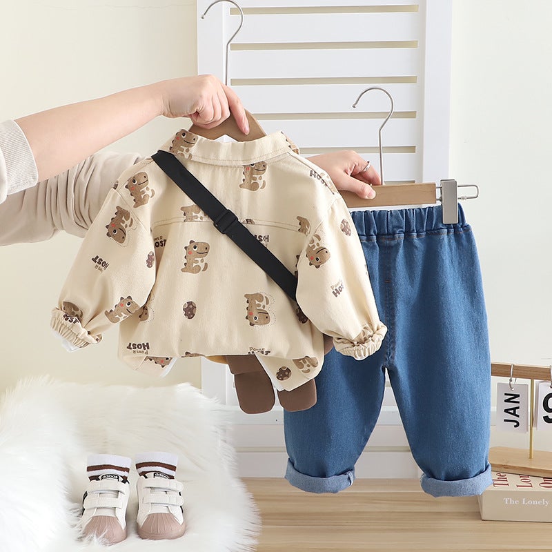 Five Small Seven Children'S Clothing 2025 New 0-4 Years Old Boys And Girls Full Print Work Dinosaur Shirt 3-Piece Set - Image 5