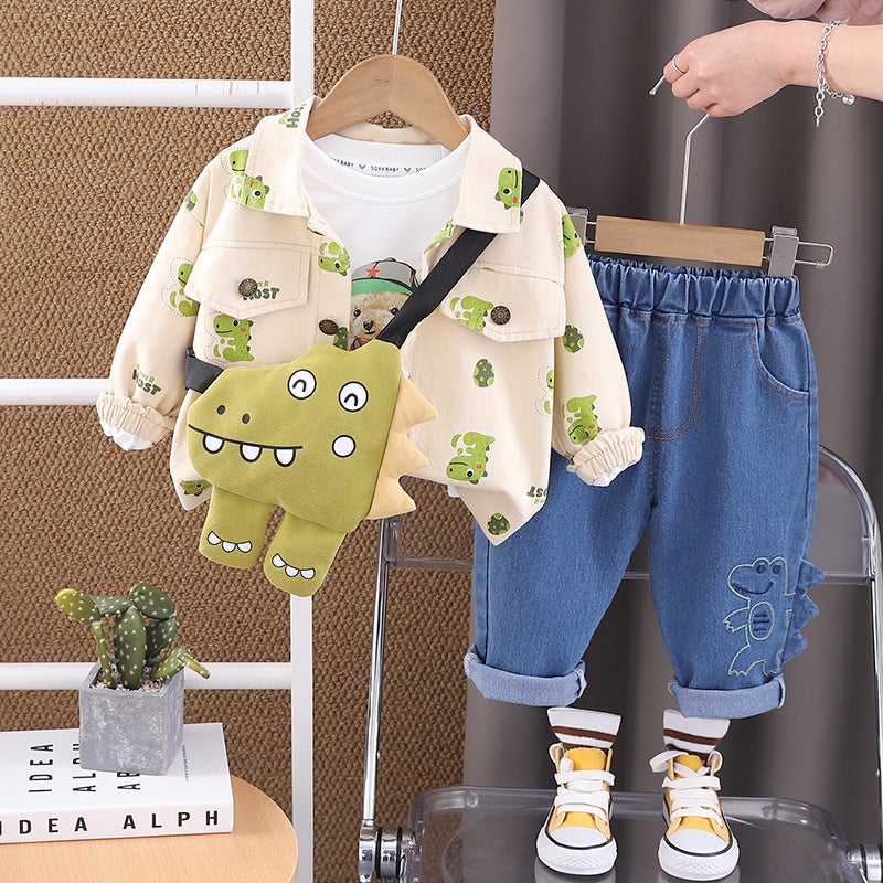 Five Small Seven Children'S Clothing 2025 New 0-4 Years Old Boys And Girls Full Print Work Dinosaur Shirt 3-Piece Set - Image 1