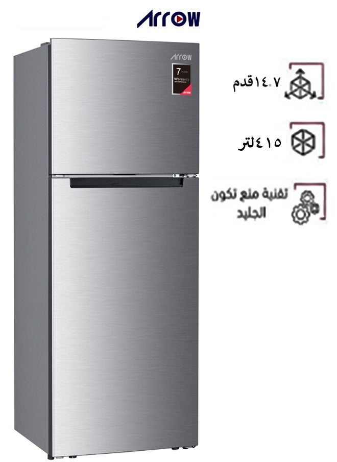 Arrow 415L Double Door Refrigerator, 14.7 Cu. Ft. Capacity with Electronic Temperature Control, Refrigerator Net Capacity 321L and Freezer Net Capacity 94L Airflow Cooling, Automatic Defrost, Recessed Handle, Interior Light, Wheels | RO2-590NF  - Image 1