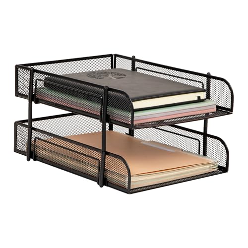 Mind Reader Stackable Paper Tray, Desktop Organizer, File Storage, Office, Metal Mesh, 2 Pcs, Black - Image 1