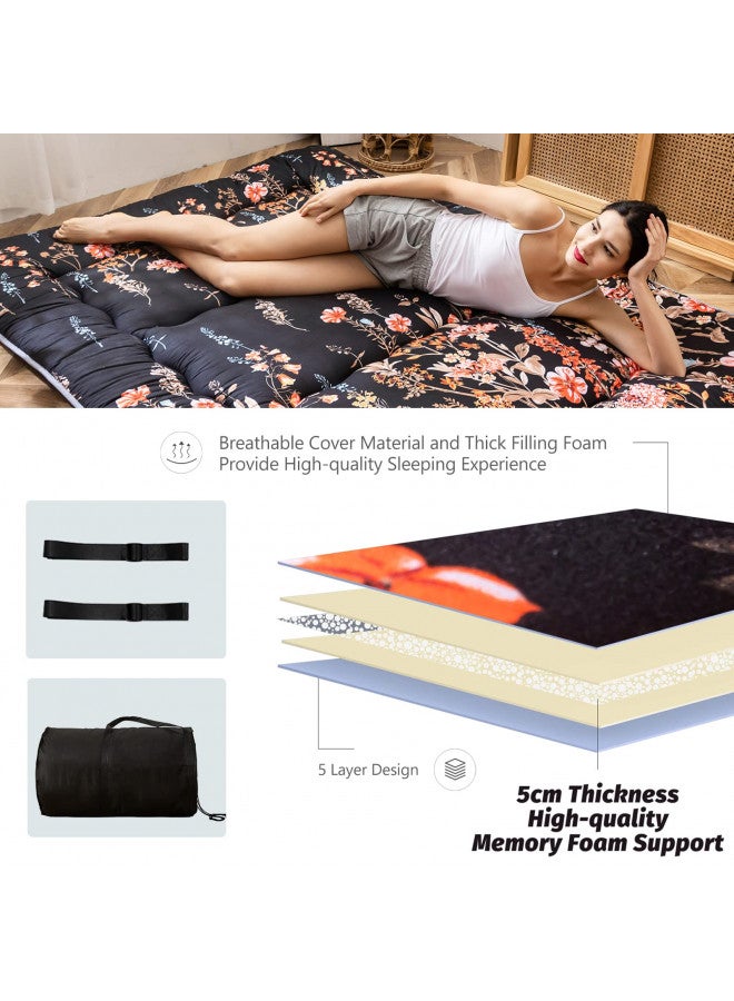 MAXYOYO Black Floral Japanese Futon Floor Mattress, Bed Mattress Topper Portable Thick Sleeping Pad Floor Bed Roll Up Camping Mattress Folding Couch Bed Mattress Pad for Guest Room, Full Size  - Image 5