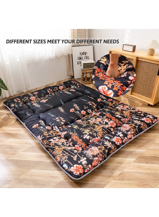 MAXYOYO Black Floral Japanese Futon Floor Mattress, Bed Mattress Topper Portable Thick Sleeping Pad Floor Bed Roll Up Camping Mattress Folding Couch Bed Mattress Pad for Guest Room, Full Size  - Image 2