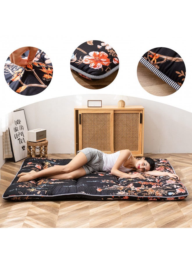 MAXYOYO Black Floral Japanese Futon Floor Mattress, Bed Mattress Topper Portable Thick Sleeping Pad Floor Bed Roll Up Camping Mattress Folding Couch Bed Mattress Pad for Guest Room, Full Size  - Image 3