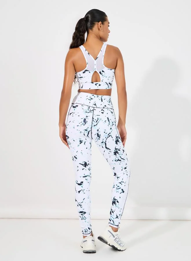 Styli Tie Dye Contrast Stitch Detail Mesh Insert Sports Bra & Mesh Pocket Leggings Set