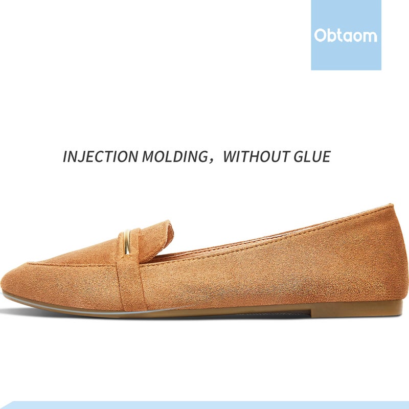 Obtaom Women's Pointy Toe Loafer Flat Comfortable Faux Suede Work Shoes,Cute Penny Loafer Slip On Ballet Flat(Orange/Tan US8) - Image 3