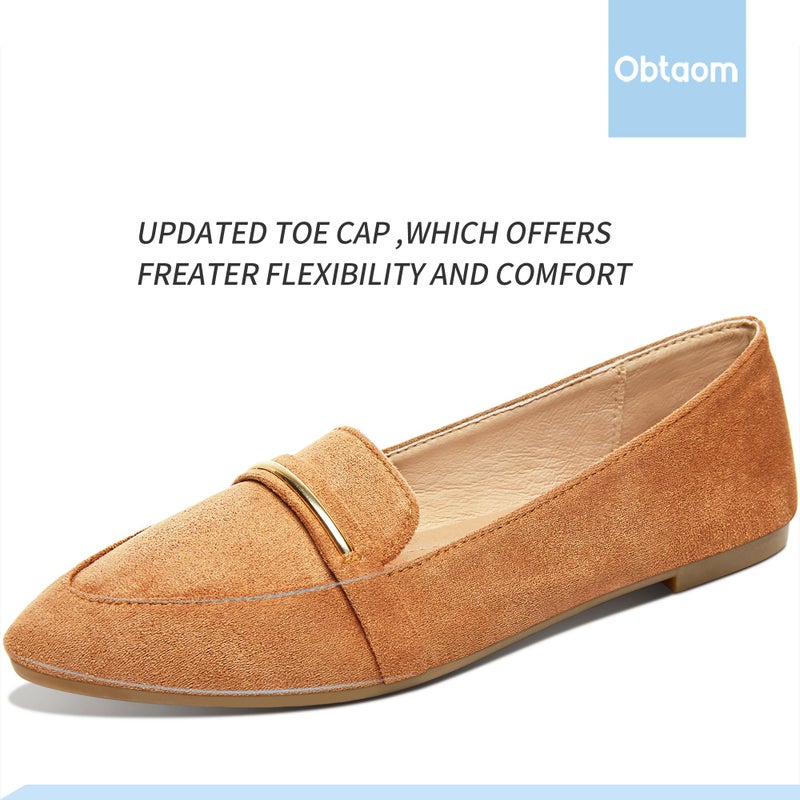 Obtaom Women's Pointy Toe Loafer Flat Comfortable Faux Suede Work Shoes,Cute Penny Loafer Slip On Ballet Flat(Orange/Tan US8) - Image 4
