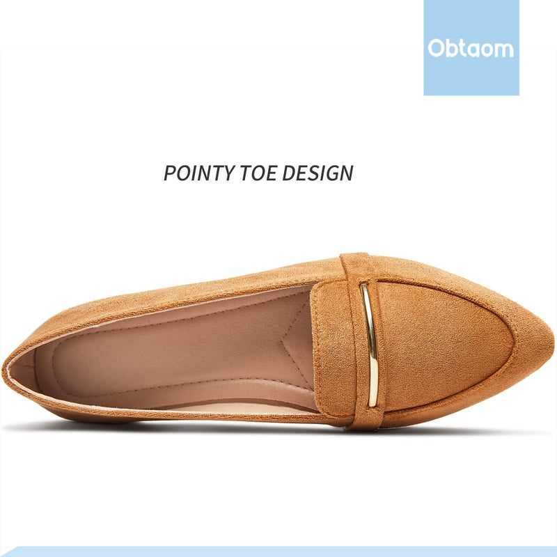 Obtaom Women's Pointy Toe Loafer Flat Comfortable Faux Suede Work Shoes,Cute Penny Loafer Slip On Ballet Flat(Orange/Tan US8) - Image 5