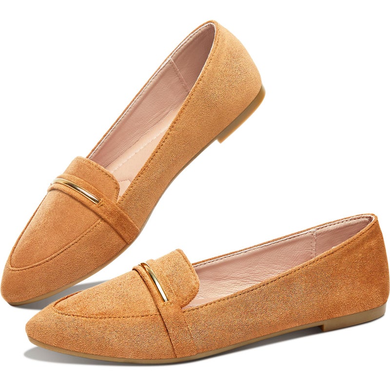 Obtaom Women's Pointy Toe Loafer Flat Comfortable Faux Suede Work Shoes,Cute Penny Loafer Slip On Ballet Flat(Orange/Tan US8) - Image 1