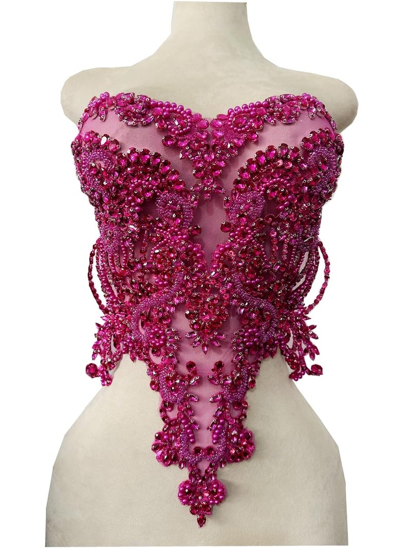 Zbroh دانتيل جسم مزين بالأحجار الكريمة الحمراء والزرقاء والذهبية والخضراء للخياطة مع حبات كريستال لملحقات الملابس الوردية