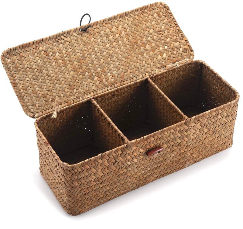 DOKOT DOKOT Seagrass Woven Storage Basket with Lid Rectangular Narrow Tampon Toilet Tank Organizer 