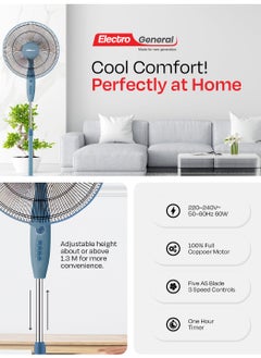 Electro General Stand Fan with Adjustable Height, 3 Speed Settings, 7.5-Hour Timer, Full Copper Motor for Reliable Cooling Performance – Model FST-SKB32, 16” (40cm), Attractive Sky Blue Color  - Image 4