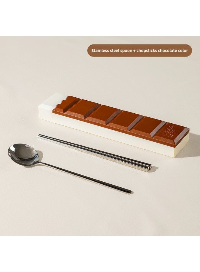 Portable Stainless Steel 304 Chocolate Shaped Dinnerware Set Including Spoon Fork Chopsticks With Liquid Addition Option-Specifications:Ordinary + Chocolate Color - Image 1