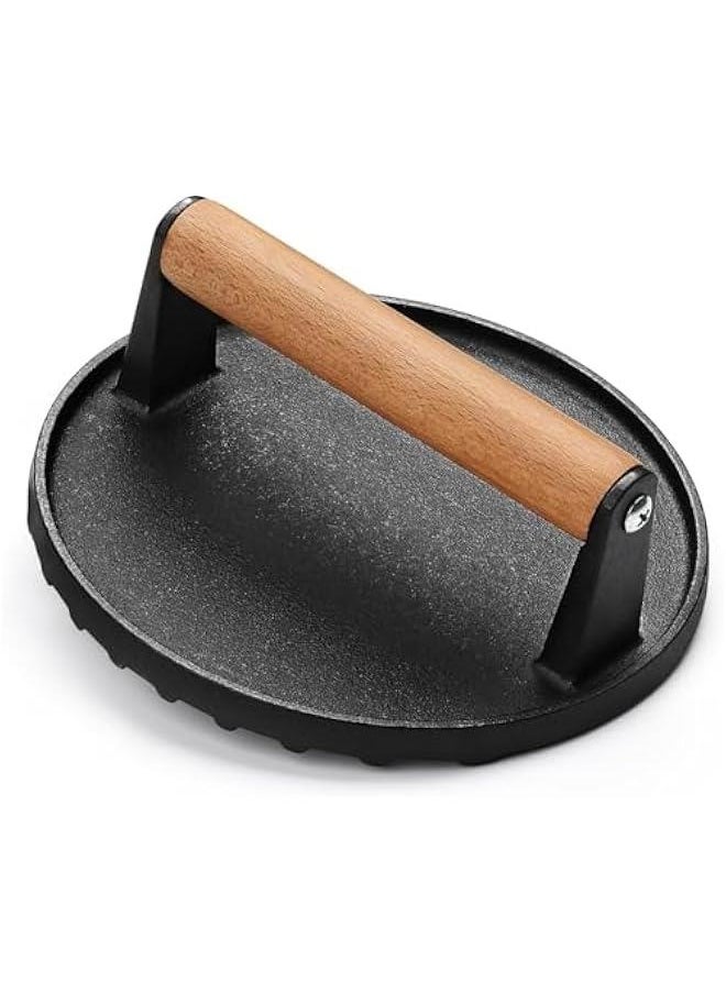 TRASSLE Burger Press,17.5CM Round Heavy-Duty Cast Iron Smash Bacon Press Meat Steak with Wood Handle for Griddle, Sandwich, Nonstick Pan (Round)  - Image 1