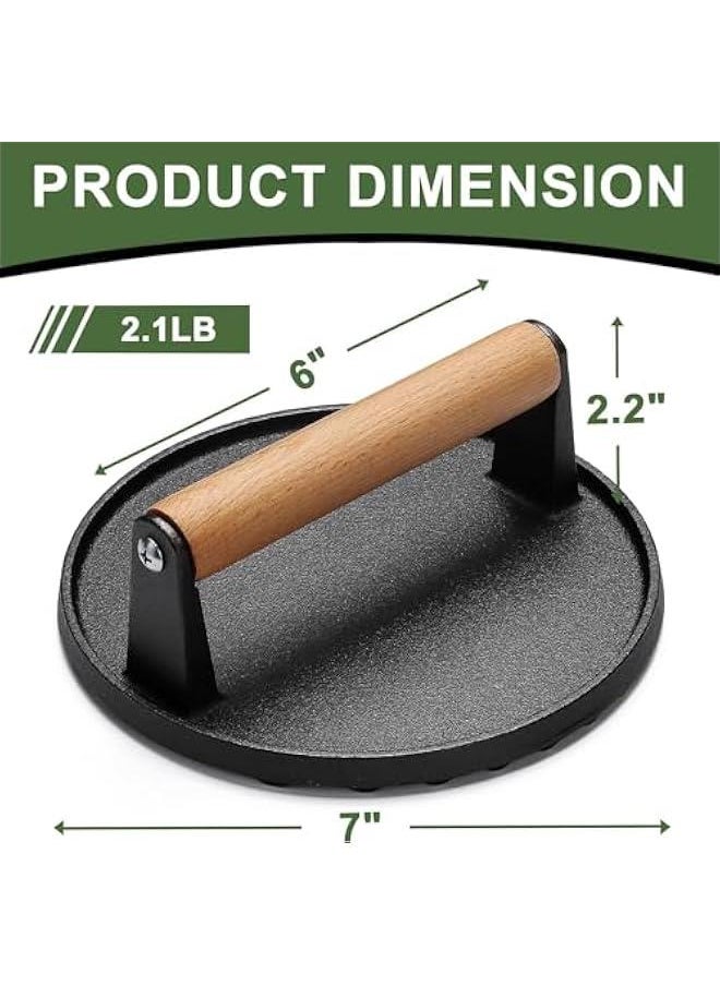 TRASSLE Burger Press,17.5CM Round Heavy-Duty Cast Iron Smash Bacon Press Meat Steak with Wood Handle for Griddle, Sandwich, Nonstick Pan (Round)  - Image 2