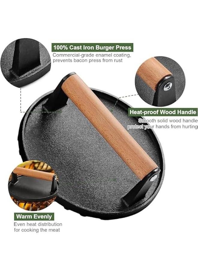 TRASSLE Burger Press,17.5CM Round Heavy-Duty Cast Iron Smash Bacon Press Meat Steak with Wood Handle for Griddle, Sandwich, Nonstick Pan (Round)  - Image 3