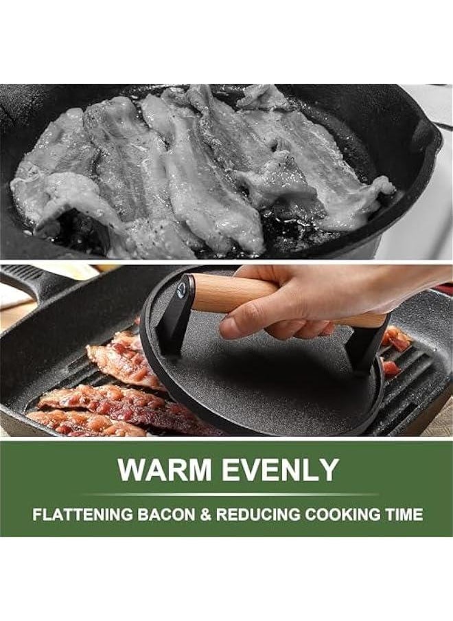 TRASSLE Burger Press,17.5CM Round Heavy-Duty Cast Iron Smash Bacon Press Meat Steak with Wood Handle for Griddle, Sandwich, Nonstick Pan (Round)  - Image 5