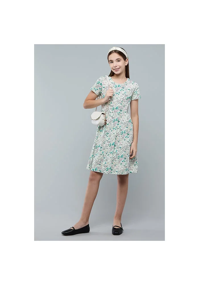 أر أند بي Floral Printed Fit & Flare Dress with Crew Neck and Short Sleeves