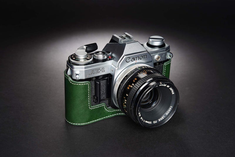 BolinUS A-1 Case, BolinUS Handmade Genuine Real Leather Half Camera Case Bag Cover for Canon AE-1 A-1 (NO Handle) Camera with Hand Strap (Green) - Image 5